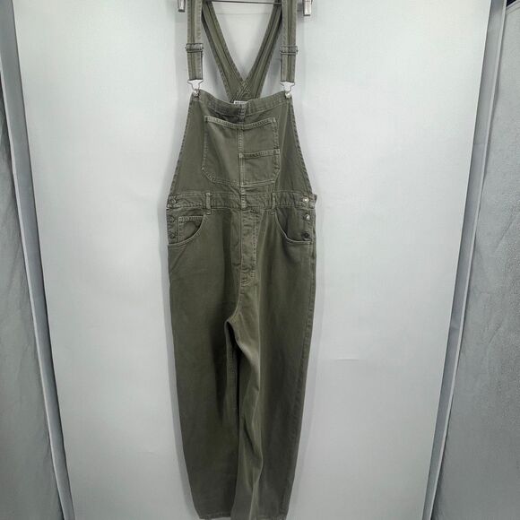 Free People We The Free Olive Green Good Luck Barrel Denim Overalls Size XL - Picture 1 of 10